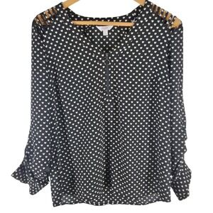 Candie's Heart Print Half Zip Blouse Black White Ladder Cutout Shoulder‎ Large